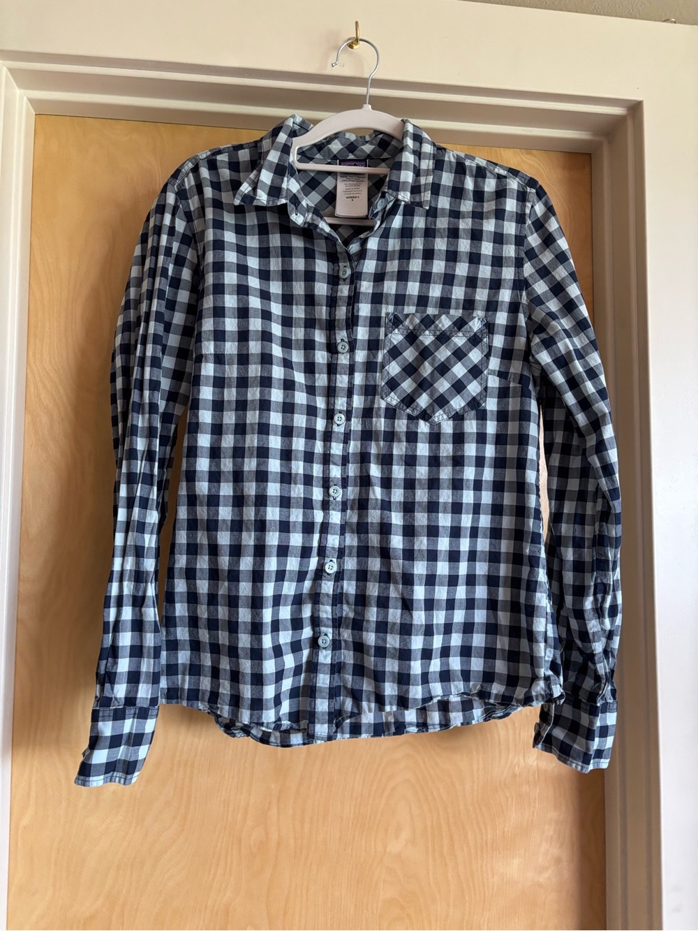 Patagonia Gingham Button Up Shirt Womens 8 Navy Organic Cotton Check LS